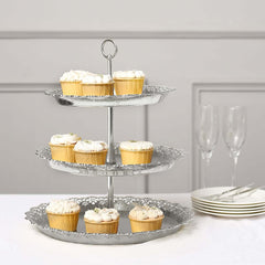 3-Tier Plastic Round Cupcake Stand 15" Metallic Silver with Lace Scalloped Edges - Multifunctional Space Saving Dessert Display Tower Pastry Serving Tray for Classy Events