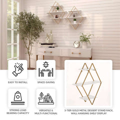 31" Geometric Diamond Shaped 3-Tier Gold Metal Dessert Cupcake Stand Rack, Wall Hanging Display Shelf Display, Book Shelf With White Wood Panels
