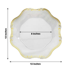 6-Pack Acrylic Plastic Hexagon Charger Plates 13" in Clear with Gold Baroque Scalloped Rim, Exquisite Dinner Serving Plates