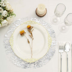 10-Pack Table Placemats Foil Design Metallic Silver Round - Mesh Disposable Shiny Dining Mats 13"