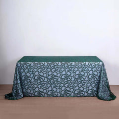 Tulle 90"x156" Rectangle Tablecloth Hunter Emerald Green - Sequin Leaf Embroidered Table Cover