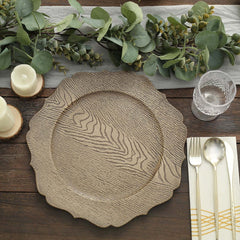 6-Pack Acrylic Round Charger Plates 13" in Rustic Natural with Wood Grain Scalloped Rim, Decorative Dinner Party Charger Tableware