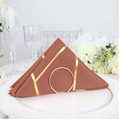5 Pack Polyester 20"x20" Napkins Terracotta (Rust) with Gold Geometric Foil Pattern - Modern Reusable Dinner Napkins