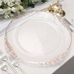 6-Pack Acrylic Round Charger Plates 13" in Clear with Rose Gold Embossed Baroque Rim, Antique Decorative Dinner Party Charger Tableware