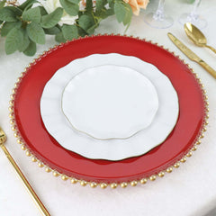 6-Pack Acrylic Round Charger Plates 13" in Red with Gold Beaded Rim, Decorative Dinner Party Charger Tableware