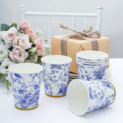 24 Pack Disposable Paper Cups in White Royal Blue French Toile Pattern with Gold Rim, Elegant Party Cups - 9oz