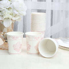 24 Pack Disposable Paper Cups in White Pink French Toile Pattern, Elegant Party Cups - 9oz