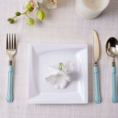 10-Pack Plastic 6" Square Dessert Plates in White with Geometric Ridge Trim - Disposable Appetizer Salad Plates for Stylish Gatherings & Celebrations