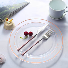 10-Pack Plastic Dinner Plates Clear with Très Chic Rose Gold Rim - Perfect Disposable Party Plates 10"