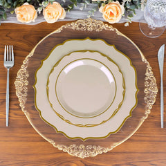 10-Pack Plastic 8" Round Desert Plates in Taupe with Gold Scalloped Rim - Disposable Appetizer/Salad Plates