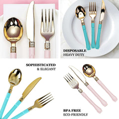 24-Pack Plastic Spoons with Light Blue Handle Gold - Heavy Duty Disposable Silverware 7"