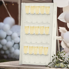 3-Tier Wooden Rectangle Champagne Wall Glass Holder in White - Floor Standing 15 Stemware Rack Cocktail Display Drink Organizer for Rustic Events & Banquets