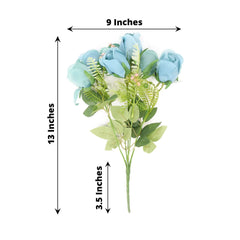 3 Pack 13" Dusty Blue Real Touch Silk Rose Bud Flower Bridal Bouquets, Artificial Floral Bush Arrangements
