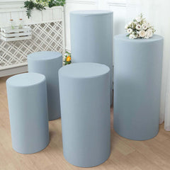 Set of 5 Dusty Blue Spandex Cylinder Pedestal Stand Covers, Stretchable Pillar Prop Covers - 160 GSM