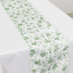 Polyester 12"x108" Table Runner Dusty Sage Green French Toile Floral Print - Upscale Dining Table Decor
