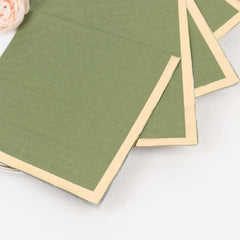 50-Pack Paper Beverage Napkins Olive Green with Gold Foil Edge - 2 Ply Disposable Soft 18GSM Cocktail Napkins 5"x5"