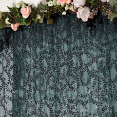 8ftx8ft Hunter Emerald Green Embroider Sequin Event Curtain Drapes, Sparkly Sheer Backdrop Event Panel With Embroidery Leaf