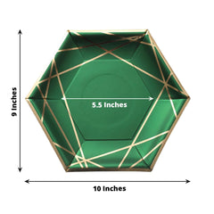 25-Pack Paper 9" Hexagon Dinner Plates in Hunter Emerald Green with Gold Geometric Lines & Rim - Stylish Disposable Geometric 300GSM Party Plates