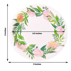 25-Pack Paper 9" Round Dinner Plates in White with Rose/Peony Flower Wreath - Disposable Party Plates for Bridal Showers & Garden Parties
