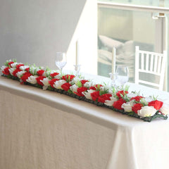 6 Pack Red Ivory Silk Rose Flower Panel Table Runner, Artificial Floral Arrangements Wedding Table Centerpiece - 20"x8"