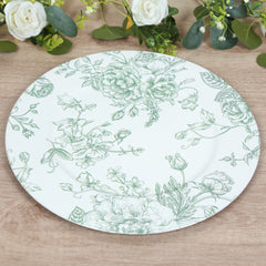 6 Pack Round Floral Acrylic Charger Plates in French Toile Pattern, 13" White Sage Green Dinner Charger Event Tabletop Decor
