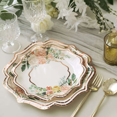 25-Pack Paper 10" Dinner Plates in White with Floral Print & Rose Gold Scallop Rim - Disposable 300GSM Party Plates