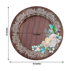 25-Pack Disposable Round Charger Plates in Brown Rustic Wood Print with Floral Lace Rim - Durable Paper Chargers for Rustic Themes & Outdoor Events 13"