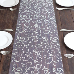 Sheer Organza 12"x108" Table Runner Roll Metallic Silver Foil Embossed Floral Design - Stylish Event Decoration