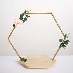 Metal Hexagon Floral Hoop Cake Stand Gold - Chic Geometric Dessert Display DIY Centerpiece Table Decoration With Wooden Base 28"