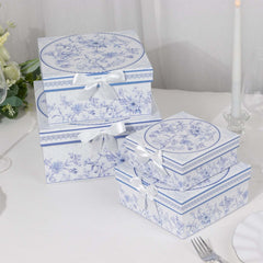 Set of 4 Cardstock Round Nesting Gift Boxes White Blue French Toile Design - Decorative Heavy Duty Stackable Keepsake Boxes With Lids for Presents Storage & Pedestal Stand 5",7",8",9"