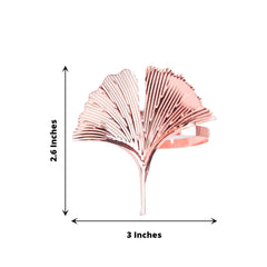 4 Pack Metallic Rose Gold Ginkgo Leaf Napkin Rings, Ornate Design Linen Napkin Holders