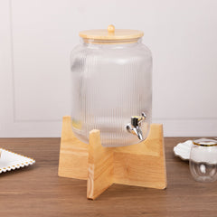 1 Gallon Clear Ribbed Glass Beverage Dispenser, Round Juice Jar with Wooden Stand and Lid - Lead-Free Countertop Feature 14"