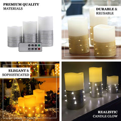 Set of 3 LED Flameless Pillar Candles Wrapped with Fairy String Lights Gold - Remote Operated 4", 5", 6"