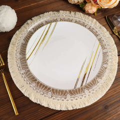 4-Pack Placemats Mandala Print Fringe Design Natural Jute and White Round - Rustic Burlap Tassel Style 15"