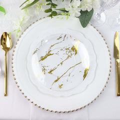 10-Pack Plastic 8" Round Dessert Plates in Clear with Gold Marble Print - Disposable Appetizer/Salad Plates for Chic Banquets & Special Occasions