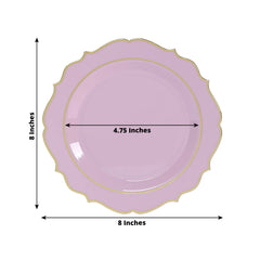 10-Pack Plastic 8" Round Desert Plates in Lavender Lilac with Gold Scalloped Rim - Disposable Appetizer/Salad Plates