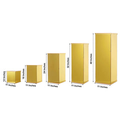Set of 5 Gold Mirror Finish Acrylic Display Boxes, Pedestal Risers with Interchangeable Lid and Base - 12",16",24",32",40"