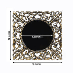 6-Pack Acrylic Square Charger Plates 12" in Black with Antique Gold Hollow Lace Border, Event Tabletop Decorative Charger Tableware