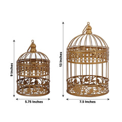 Set of 2 Card Holders Wrought Iron Bird Cage Design Metallic Gold - Decorative Display Stand 9"/13"