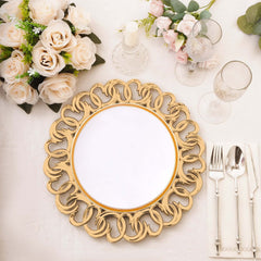 6-Pack Plastic Round Charger Plates 13" in Gold with Entwined Swirl Rim, Plastic Disposable Decorative Chargers