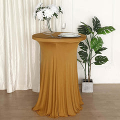 Spandex 32" Round Cocktail Table Cover Skirt Gold With Natural Wavy Drapes - Stylish & Sophisticated Event Decor