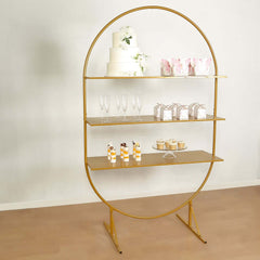 3-Tier Metal Oval Cupcake Dessert Stand Gold - Large Versatile Floor Standing Arch Cake Display Shelf Rack for Luxurious Event and Party Settings 6.5ft