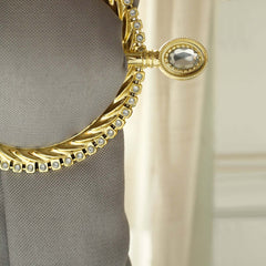 Set of 2 6" Gold Acrylic Braided Barrette Style Curtain Tie Backs With Crystal Diamond Studded Edge, Round Backdrop Drapery Brooch Holdbacks