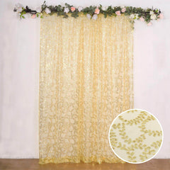 8ftx8ft Gold Embroider Sequin Event Curtain Drapes, Sparkly Sheer Backdrop Event Panel With Embroidery Leaf