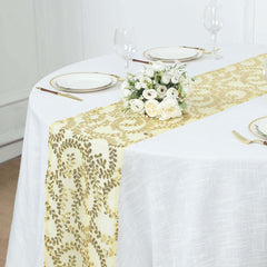 Mesh 12"x108" Table Runner Gold - Leaf Vine Sequin Embroidered Design for Sophisticated Occasion