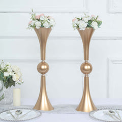 2-Pack Flower Vases Trumpet Design with Crystal Embellishments Gold - Reversible Plastic Table Centerpieces 21"