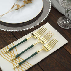 24 Pack 6" Gold Hunter Emerald Green Plastic Dessert Forks With Roman Column Handle, European Style Disposable Utensils