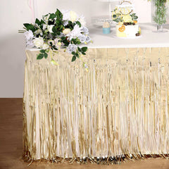 Metallic Foil Fringe Table Skirt Champagne with Self Adhesive Backing - Durable Tinsel Skirt for Parties 30"x9ft