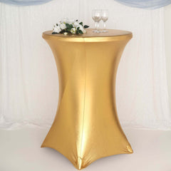 Metallic Spandex 32" Fitted Round Cocktail Table Cover Gold Highboy Tablecloth - Stretch Fit & Water-Resistant for Stylish Decor