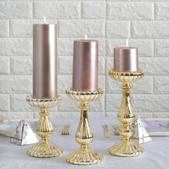 Set of 3 Candle Holder Stands Gold Mercury Glass Pillar Design - Stylish Votive Centerpieces for Tables & Decor 7", 8", 10"